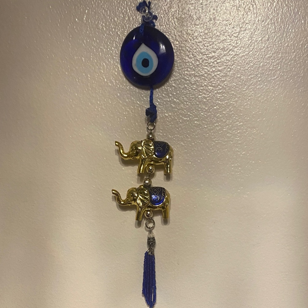 Blue Evil Eye Wall Hanging with Gold Elephants